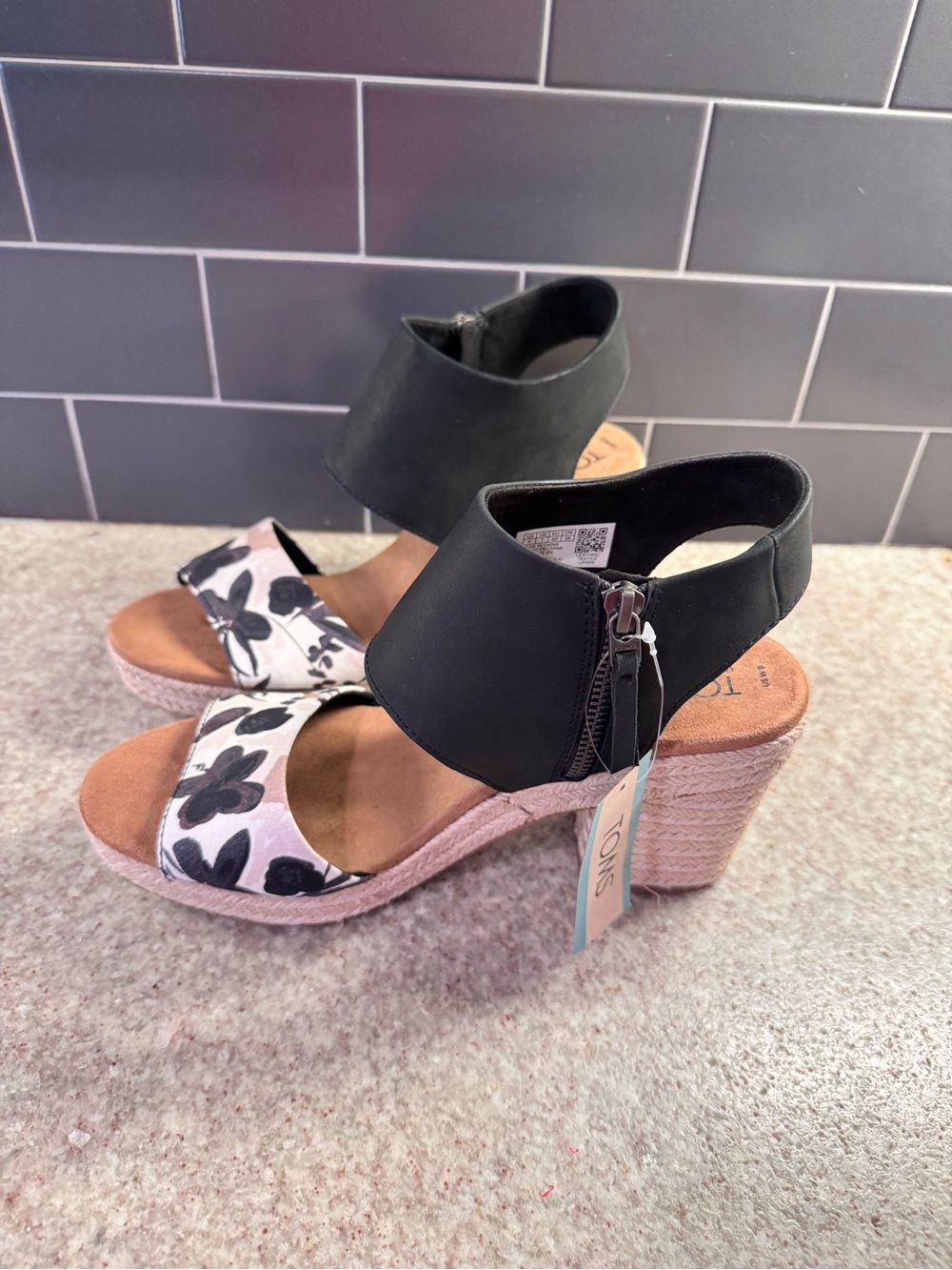 TOMS Black Ankle Cuff Floral Espadrille Block Heel Sandal